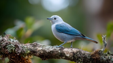 Fototapeta premium Grayish Blue Tanager Bird Perched on Mossy Branch in Nature's Peaceful Backdrop