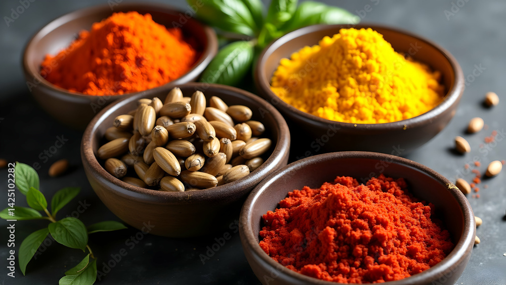 Aufkleber exquisite assortment of aromatic spices in rustic bowls creating a visually appealing culinary compo