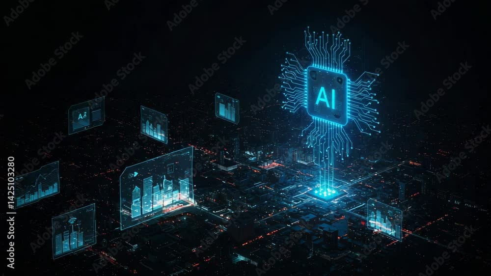 Poster glowing ai core powering futuristic data network