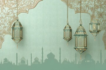 Green and Gold Islamic Lanterns with Floral Ornamentation on Patterned Background