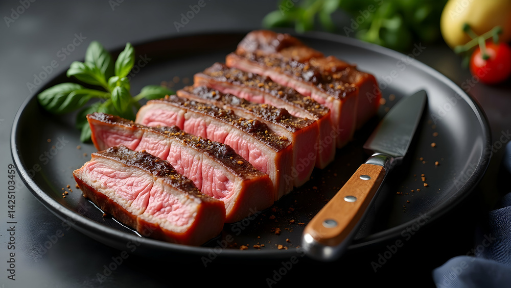 Poster exquisite high-resolution isolation of deliciously sliced tender meat displayed next to a gleaming k