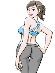 振り返る笑顔の女性_スポーツウェア_腰に手_上半身