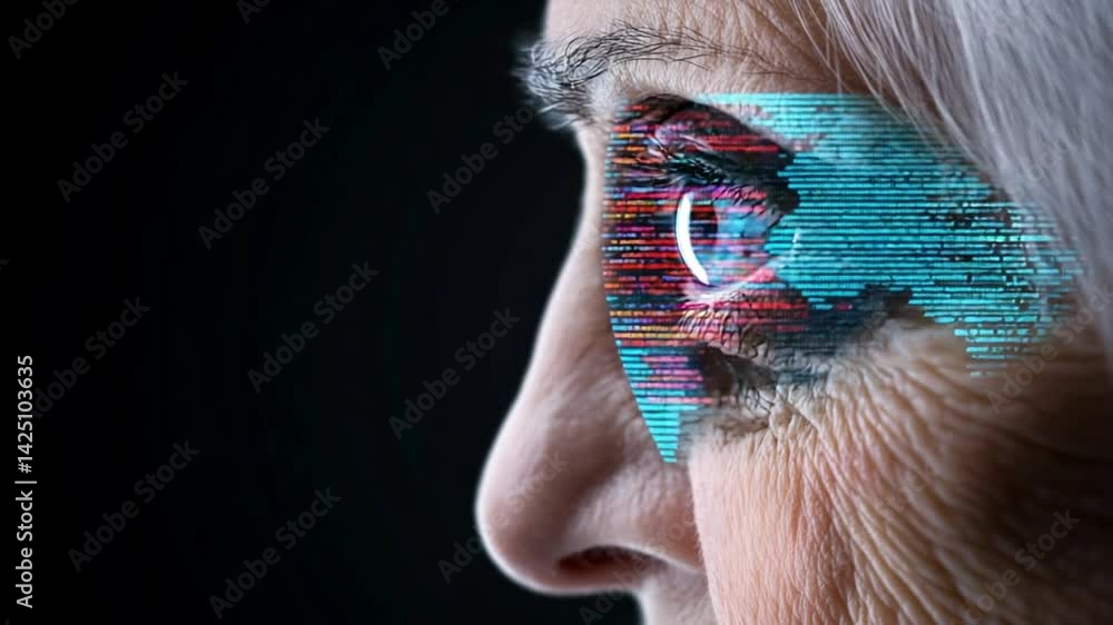 Poster close-up of a human eye with abstract digital effects highlighting technology and data in a futurist