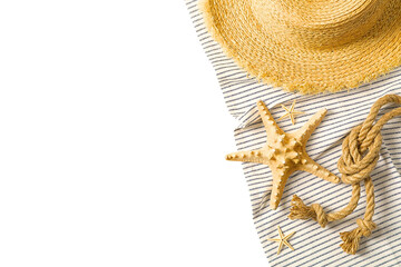 Preparing for summer adventures with a straw hat and beach items, isolated on white, PNG