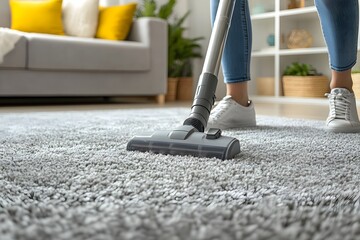 Vacuum cleaning carpet in cozy living room with modern furniture and home hygiene concept

