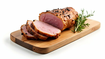 Exquisite Roasted Pork Tenderloin, A Culinary Masterpiece Resting on a Rustic Wooden Board, Featuring Sliced Perfection and Aromatic Herb Garnish