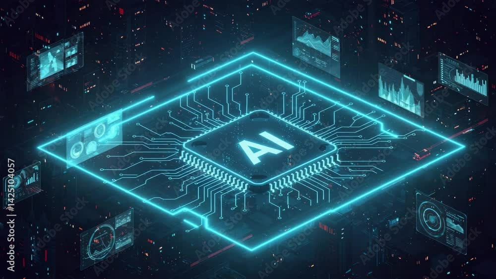 Poster neon ai microchip: data streams & futuristic circuitry