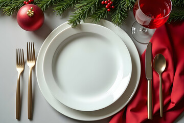 Festive Holiday Table Setting with an Empty Plate, Golden Cutlery, Wine Glass, and Christmas Ornament for a Cozy and Elegant Celebration