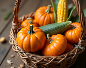 Festive harvest bounty, Pumpkins and corn elegantly arranged in a wicker basket, symbolizing autumn's abundance and the warmth of the thanksgiving season