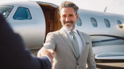 A smiling businessman in a grey suit shaking hands with another businessman on a private jet, a medium shot. 