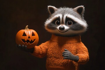 Obraz premium Cartoon raccoon with pumpkin