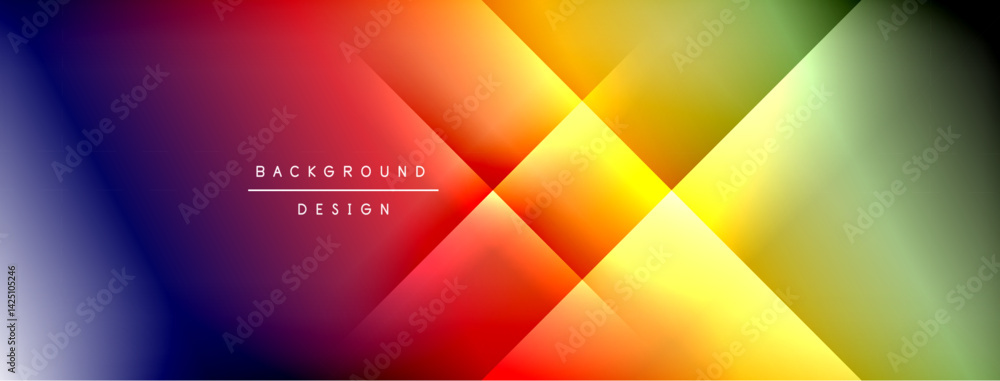 Poster Abstract geometric background. Vibrant color gradients blend from blue, red, yellow, green. Diagonal shapes create dynamic visual texture. Modern design element.