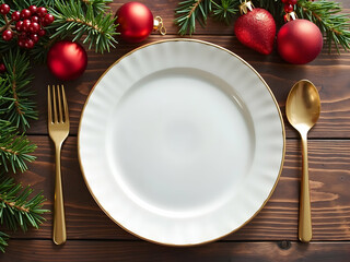 Festive Holiday Table Setting with Elegant White Plate, Golden Cutlery, and Evergreen Decorations on Rustic Wood, Perfect for Christmas or Thanksgiving Meals
