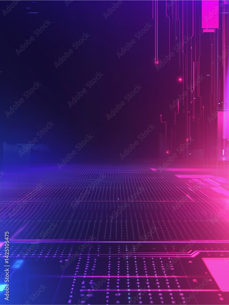 Poster digital realm: an abstract portrayal of a digital realm, where lines of code pulse with vibrant hues