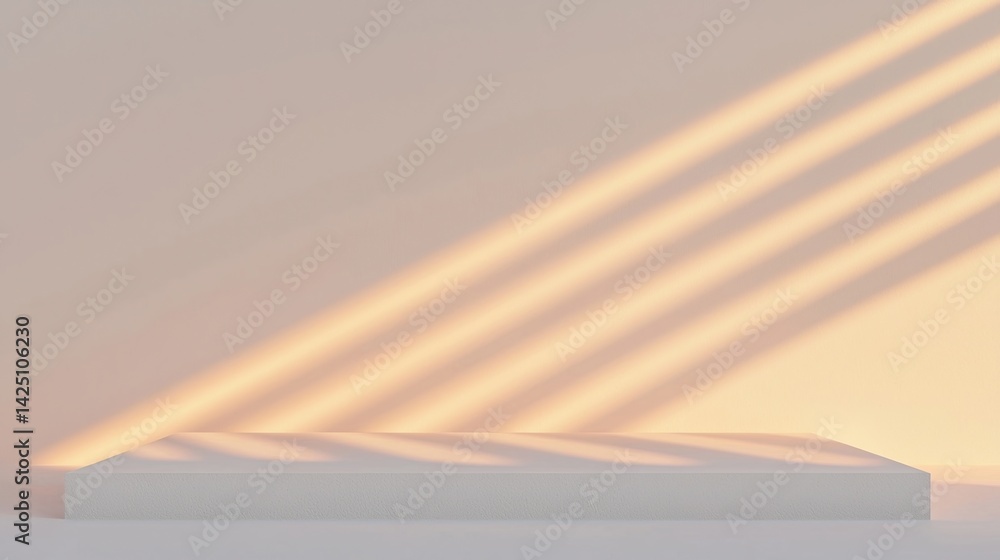 Poster a minimalist platform with soft, warm light casting delicate shadows against a smooth wall, creating
