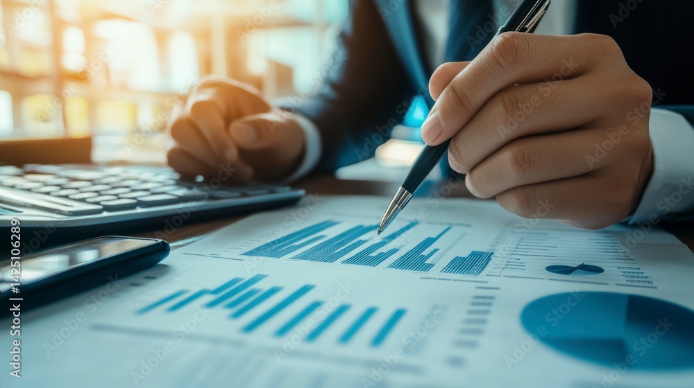 Poster close-up of hands reviewing financial data, charts, graphs, and using a calculator.