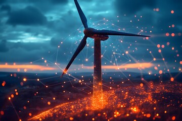 Futuristic wind turbine with digital data overlay and smart energy visualization in glowing tech network
