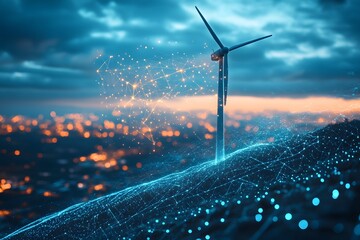 Futuristic wind turbine with digital data overlay and smart energy visualization in glowing tech network
