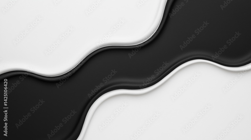 Poster a modern abstract design featuring flowing black and white waves, creating a dynamic visual contrast
