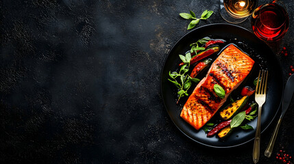 Grilled salmon with roasted vegetables, elegant dinner setting, dark background, romantic ambiance, ideal for restaurant menus