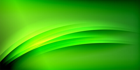 Abstract green background features curved lines, varying shades creating depth. Smooth gradients suggest movement, modern design aesthetic. Vibrant color evokes nature, freshness.
