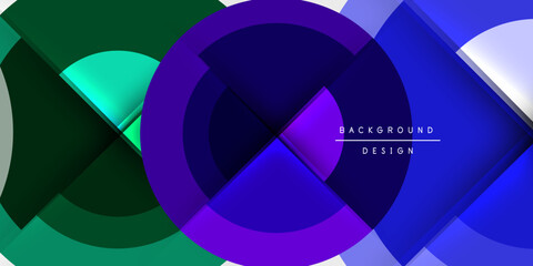 Abstract geometric composition. Overlapping circles, squares create dynamic visual effect. Gradient colorsgreen, purple, blueadd depth, modern aesthetic. Minimalist design suitable background.