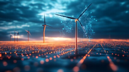 Futuristic wind turbine with digital data overlay and smart energy visualization in glowing tech network
