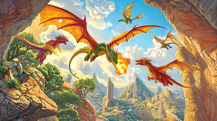 Dragons soar through a canyon at sunrise, breathing fire