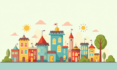 Fototapeta premium Charming Cartoon Town, Fairytale Village - Flat design