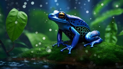 A rare Blue Poison Dart Frog sitting on a vibrant green leaf in a misty rainforest, its deep cobalt blue skin with black speckles standing out in the humid jungle atmosphere. 