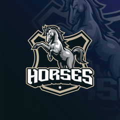 Horse mascot logo design with modern illustration concept style for badge, emblem and t shirt printing.  Horse badge illustration for sport and esport team.