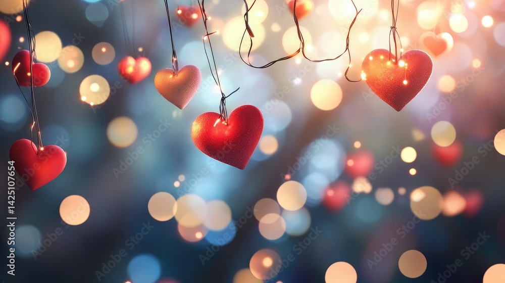 Poster soft romantic lights with red heart bokeh floating gently on a black background