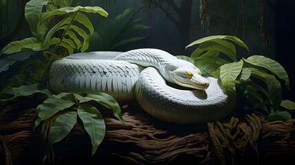 A regal Albino Python coiled around a thick jungle branch, its pearly white scales shimmering in the dim green light of the dense rainforest. 