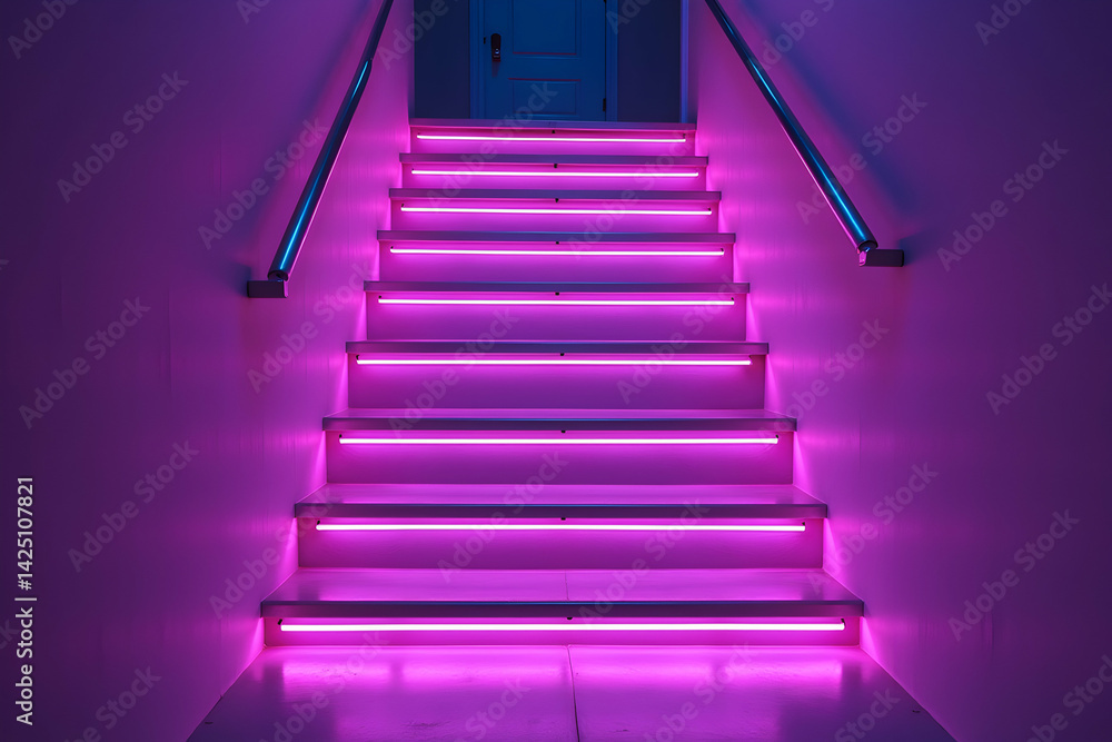Poster futuristic staircase illuminated with vibrant purple neon lights creating a surreal and captivating 