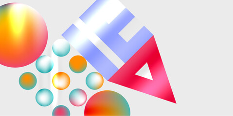 Abstract composition featuring vibrant spheres, geometric shapes. Red triangle dominates right side, blue rectangles intersect. Gradient colors create depth, modern aesthetic. Light reflects off surfa