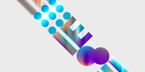 Abstract composition featuring colorful geometric shapes. Diagonal lines intersect with circles, creating vibrant gradients. Modern design, clean aesthetic, light background.