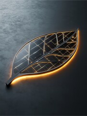 Leaf of Innovation: A minimalist, technologically advanced leaf design, emanating a glowing outline that symbolizes sustainable innovation, set against a dark and textured background.