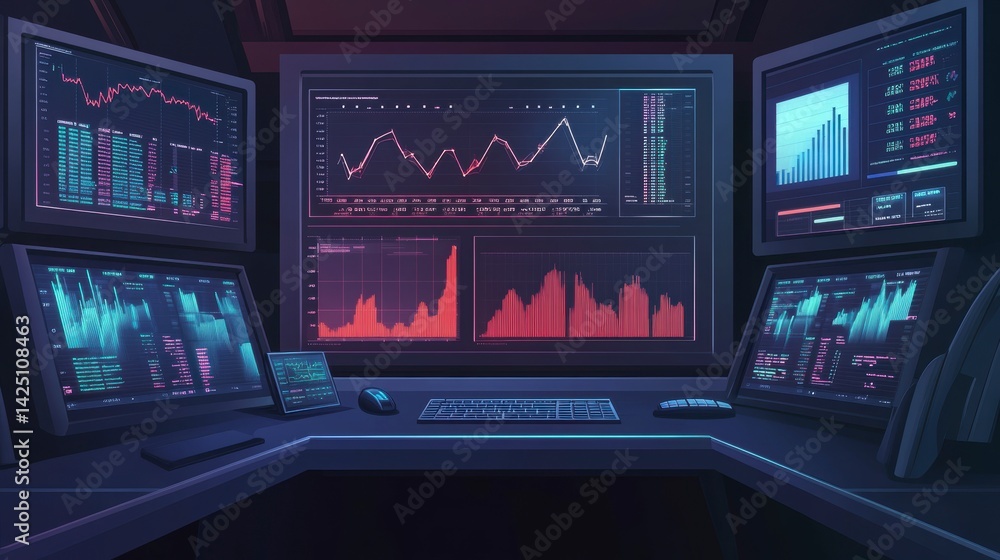 Poster Dark room with multiple monitors displaying stock market data, graphs, and charts.