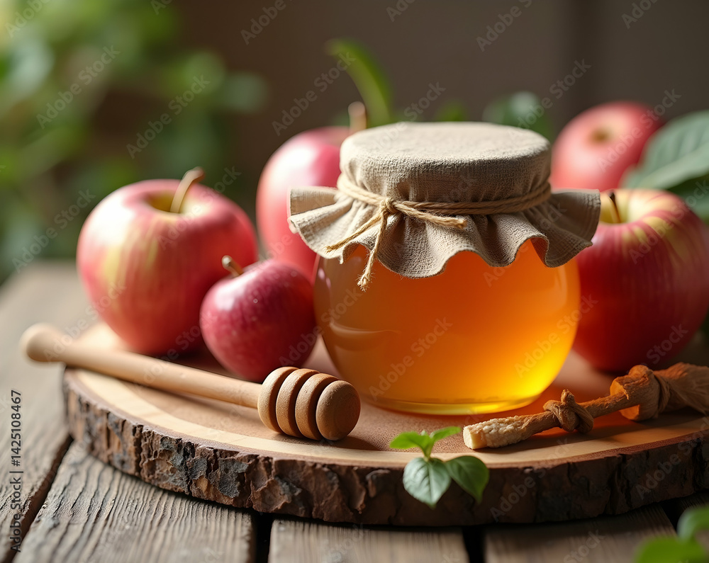 Poster golden honey jar with fresh red apples arranged on a rustic wood table, creating a warm and inviting