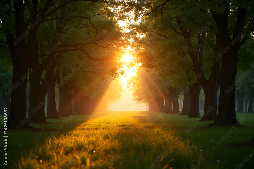Aufkleber golden sunrise illuminating a path through a verdant forest with sunlight filtering through trees cr