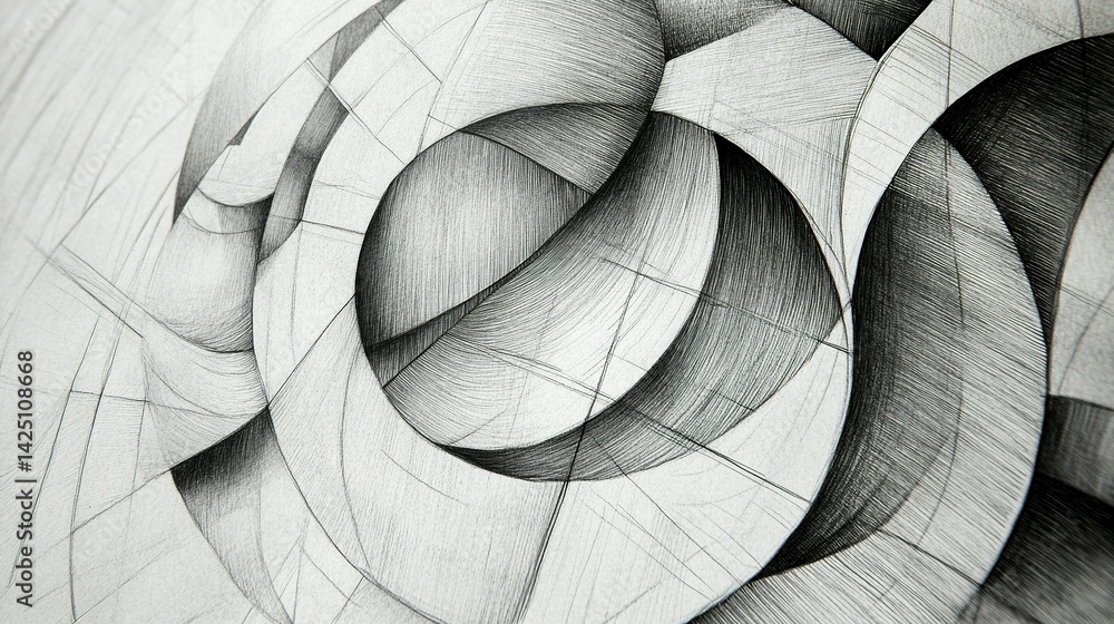 Poster intricate abstract pencil sketch featuring dynamic shapes and shading.