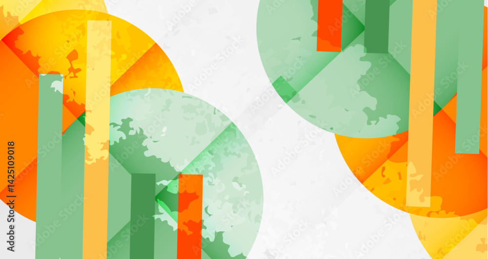 Poster Abstract composition featuring overlapping circles, rectangles. Colors include orange, green, yellow. Texture appears grainy, modern design elements present.