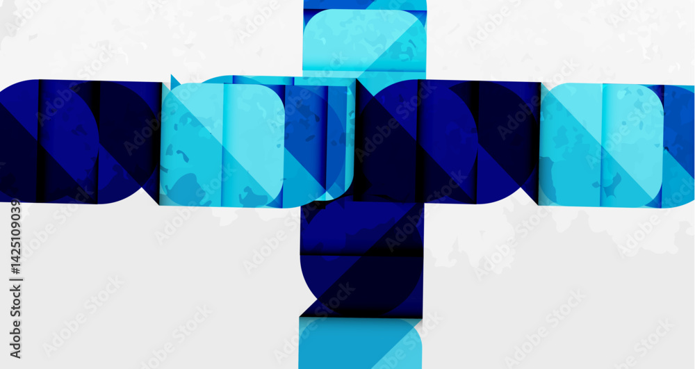 Poster abstract polygonal figure resembling humanoid robot. blue shades dominate composition, creating mode