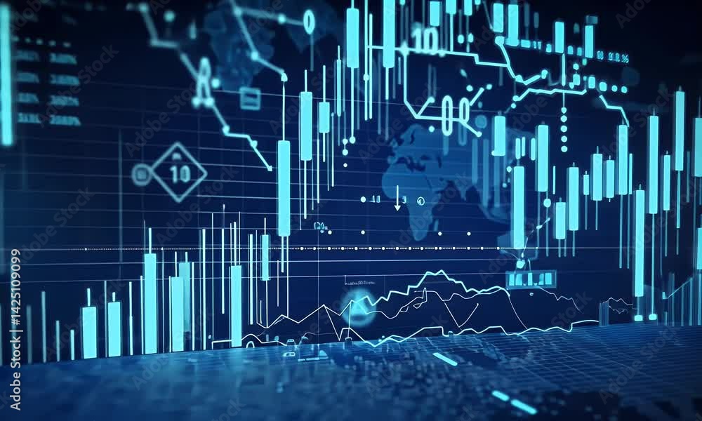 Poster a stock market chart with digital blue bar lines, illustrating the rise and fall of positions in glo