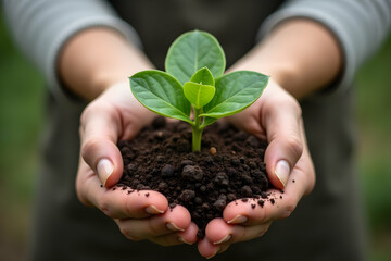Hands gently holding a young plant seedling with lush green leaves and rich soil offering a hopeful symbol of growth and environmental stewardship