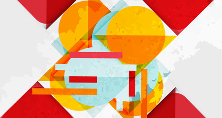 Abstract geometric composition. Overlapping shapes, vibrant colors create dynamic visual experience. Red, yellow, turquoise dominate design. Texture adds depth.