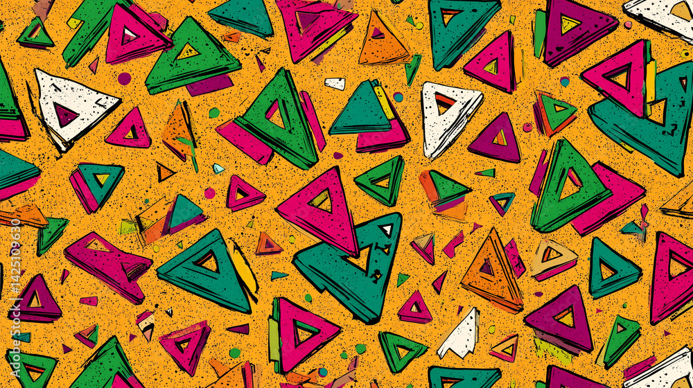 Poster a vibrant explosion of playful, multicolored triangles dancing on a warm, textured golden backdrop, 