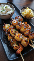 Grilled shrimp on skewers with rice