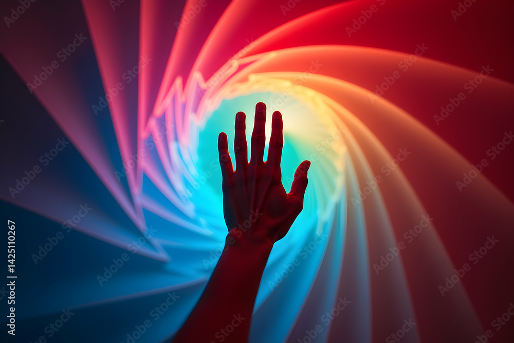 Poster high contrast portrait of a hand bending through geometric shapes creating a vortex of vibrant color