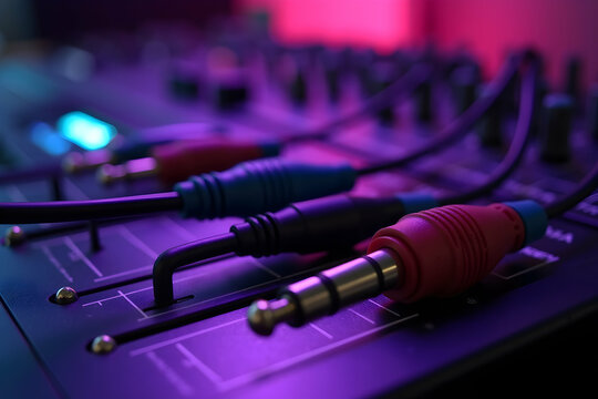 High contrast photo showcasing audio cables connected to a sound mixing console, with vibrant blue and pink lighting creating a modern and technological feel